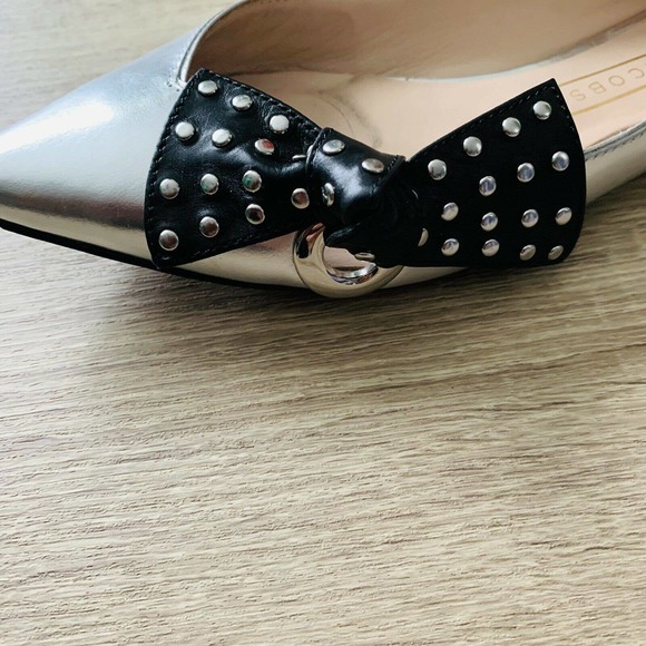 Marc Jacobs Metallic Silver Rita Black Studded Bow Ballerina Flats - Picture 3 of 5